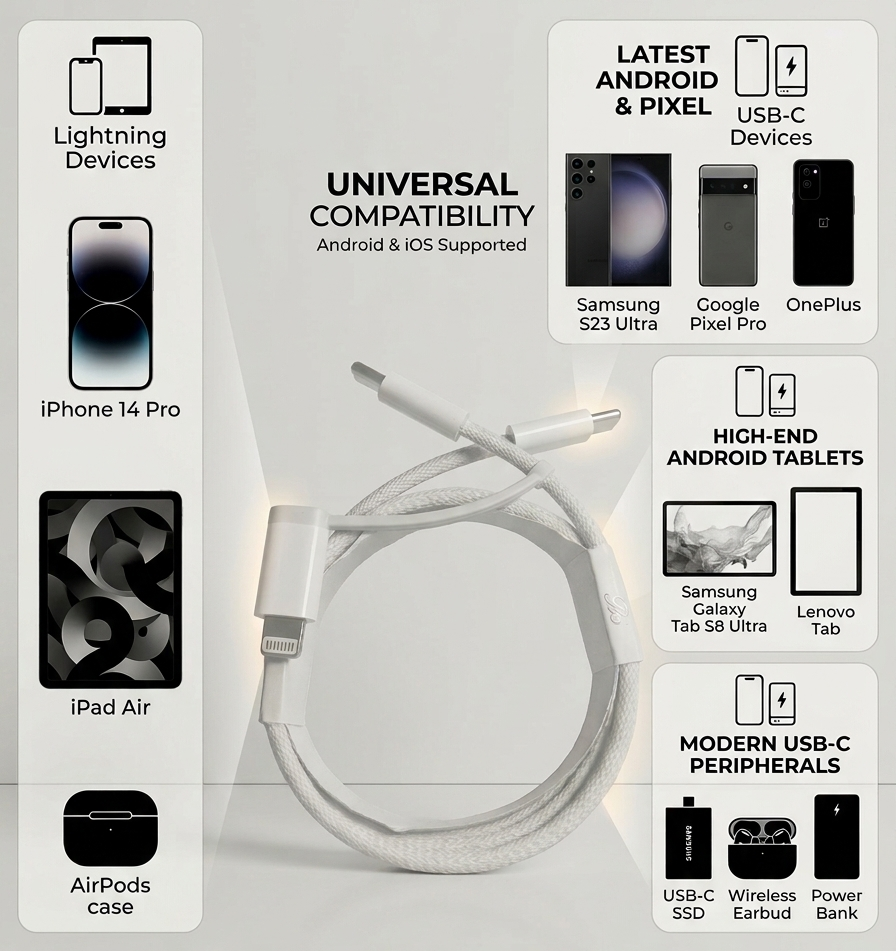 A promotional graphic for a premium braided 2-in-1 Lightning and USB-C cable. The white cable is shown coiled in the center, surrounded by text callouts indicating compatibility with various devices including Samsung, Google Pixel, OnePlus, iPad Air, AirPods, and tablets.