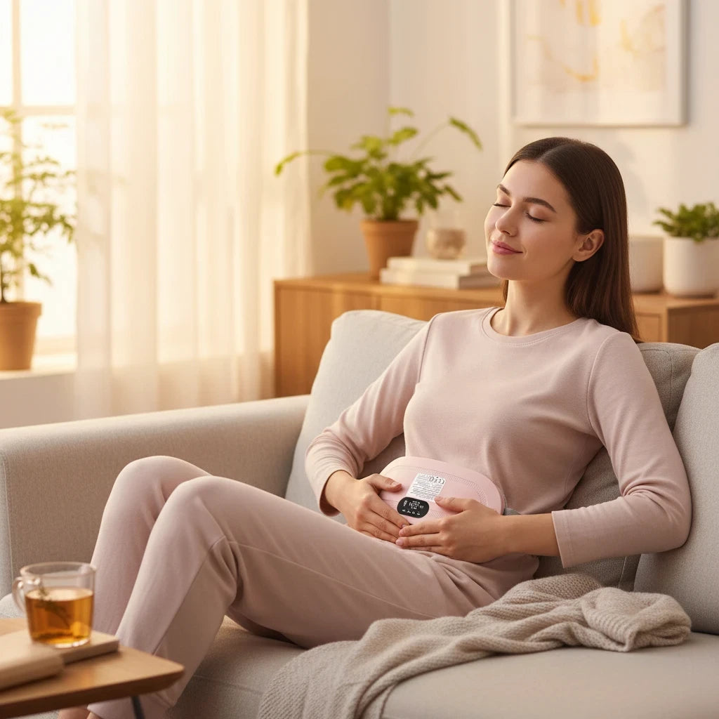Woman relaxing on a couch using a pink Campus Zone wearable menstrual heating pad for cramp relief