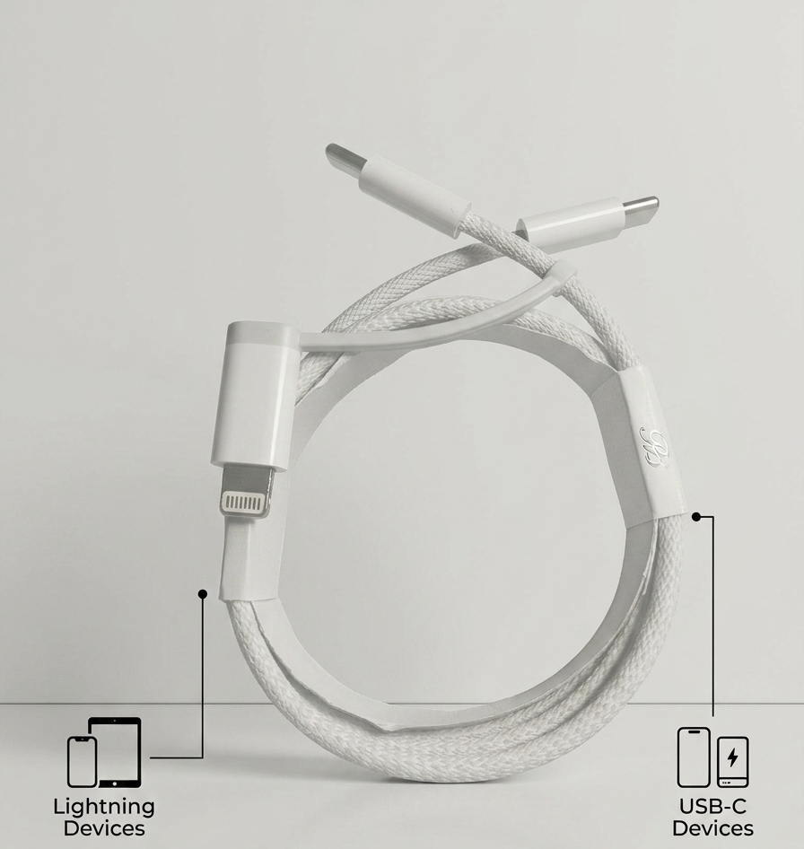 A white braided 2-in-1 Lightning and USB-C cable coiled on a light gray background, with text and icons highlighting features such as lightning device compatibility, USB-C compatibility, 6FT durable braid, and convenient wrap.