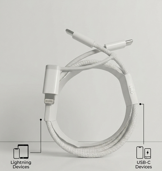 A white braided 2-in-1 Lightning and USB-C cable coiled on a light gray background, with text and icons highlighting features such as lightning device compatibility, USB-C compatibility, 6FT durable braid, and convenient wrap.
