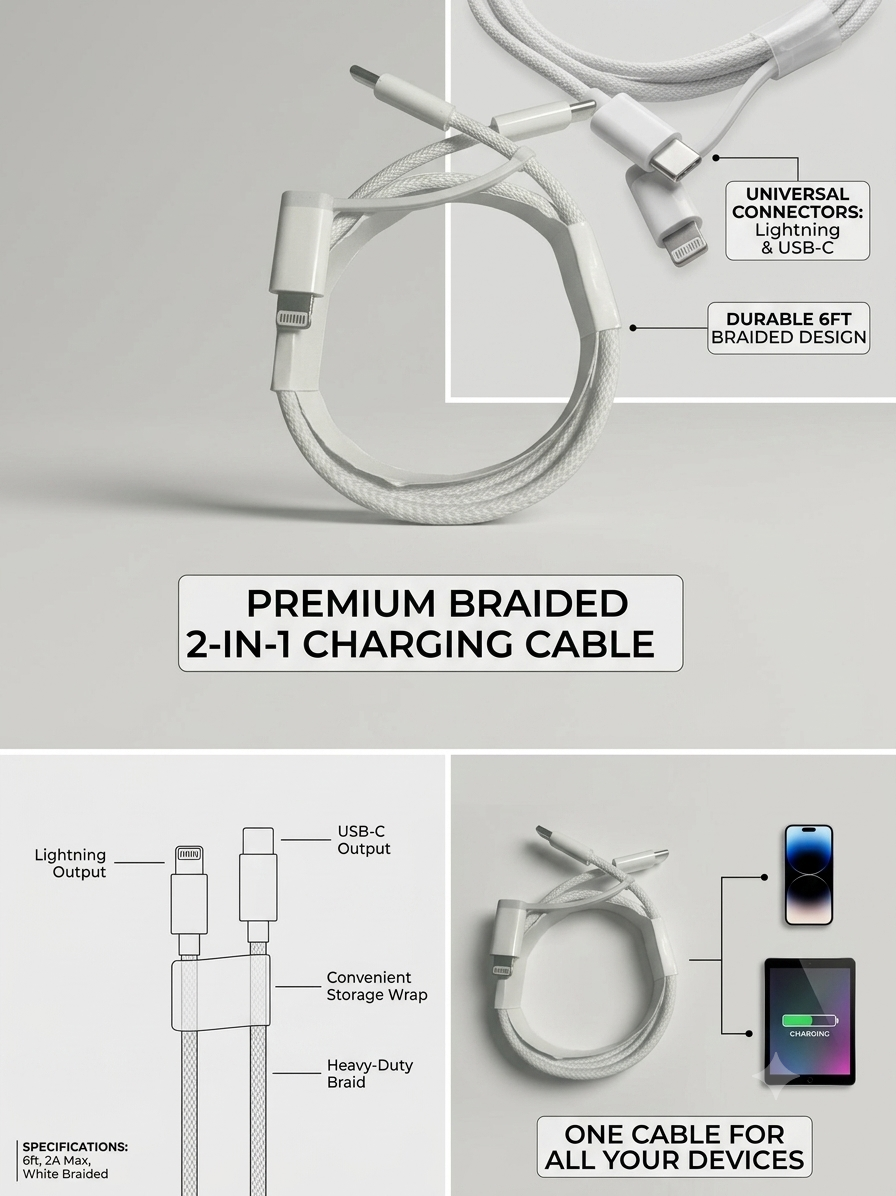 A white braided 2-in-1 charging cable shown on a light gray background with callout labels and feature panels. The image includes text such as 'PREMIUM BRAIDED 2-IN-1 CHARGING CABLE,' 'UNIVERSAL CONNECTORS: Lightning & USB-C,' 'DURABLE 6FT BRAIDED DESIGN,' and 'ONE CABLE FOR ALL YOUR DEVICES,' with small inset diagrams explaining the cable's features.