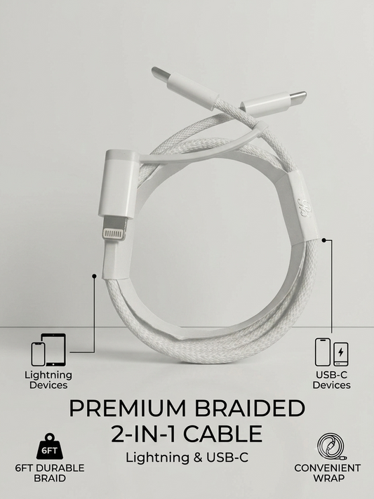 A white braided 2-in-1 Lightning and USB-C cable coiled on a light gray background, with text and icons highlighting features such as lightning device compatibility, USB-C compatibility, 6FT durable braid, and convenient wrap.
