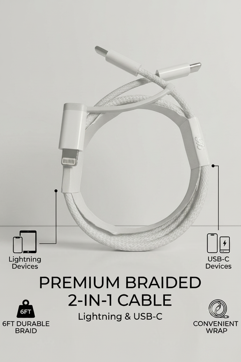 A white braided 2-in-1 Lightning and USB-C cable coiled on a light gray background, with text and icons highlighting features such as lightning device compatibility, USB-C compatibility, 6FT durable braid, and convenient wrap.