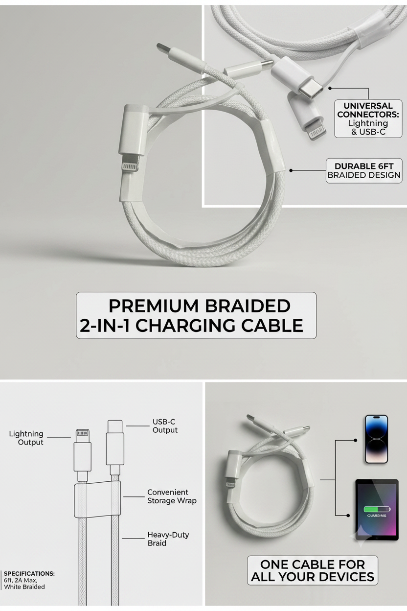 A white braided 2-in-1 charging cable shown on a light gray background with callout labels and feature panels. The image includes text such as 'PREMIUM BRAIDED 2-IN-1 CHARGING CABLE,' 'UNIVERSAL CONNECTORS: Lightning & USB-C,' 'DURABLE 6FT BRAIDED DESIGN,' and 'ONE CABLE FOR ALL YOUR DEVICES,' with small inset diagrams explaining the cable's features.