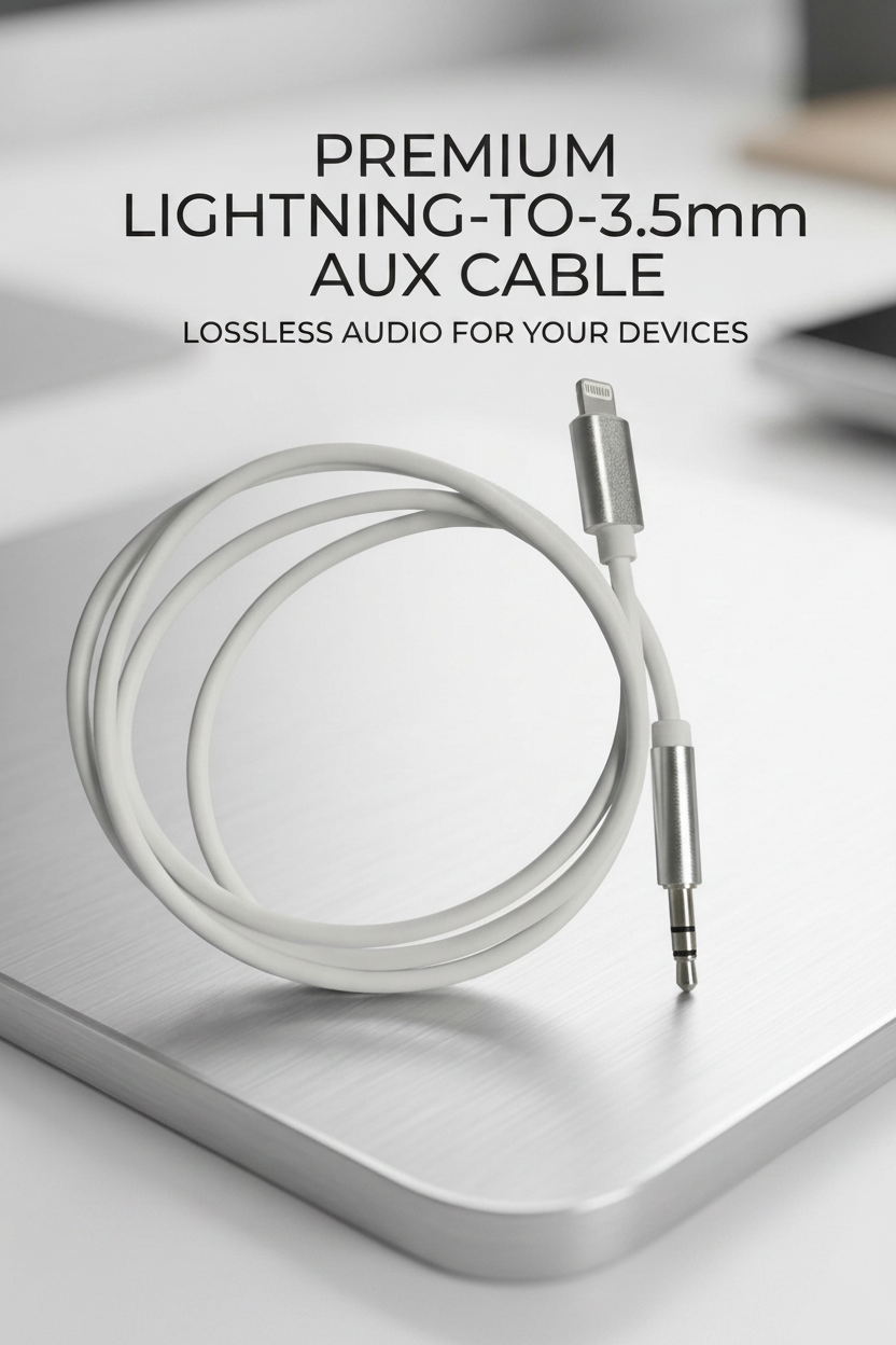 A coiled white lightning-to-3.5mm AUX cable with silver metal connectors, displayed on a brushed metal surface with promotional text above reading 'PREMIUM LIGHTNING-TO-3.