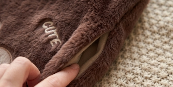 Plush, bear-shaped hot water bottle warmer in multiple colors (brown, pink, mint green, beige) being held by a person in a cozy bedroom setting