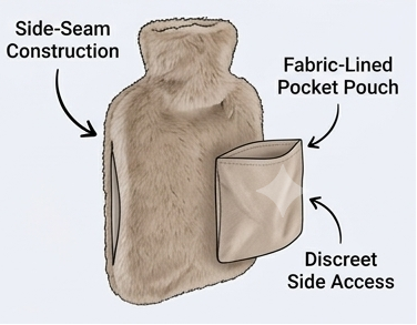 Bear-shaped hot water bottle warmer in multiple colors (brown, pink, mint green, beige) being held by a person in a cozy bedroom setting.