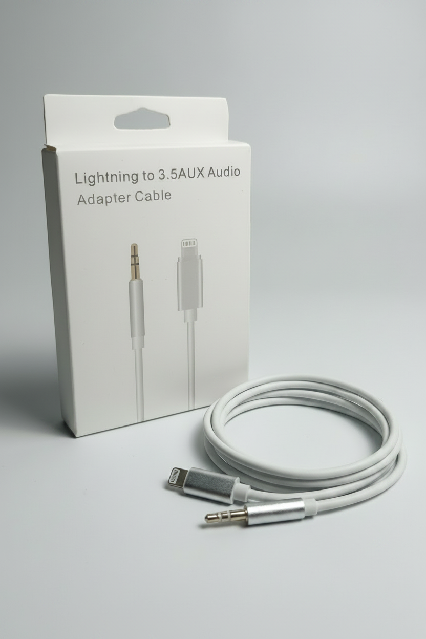 A white Lightning to 3.5 AUX audio adapter cable shown next to its white retail box on a light gray background.