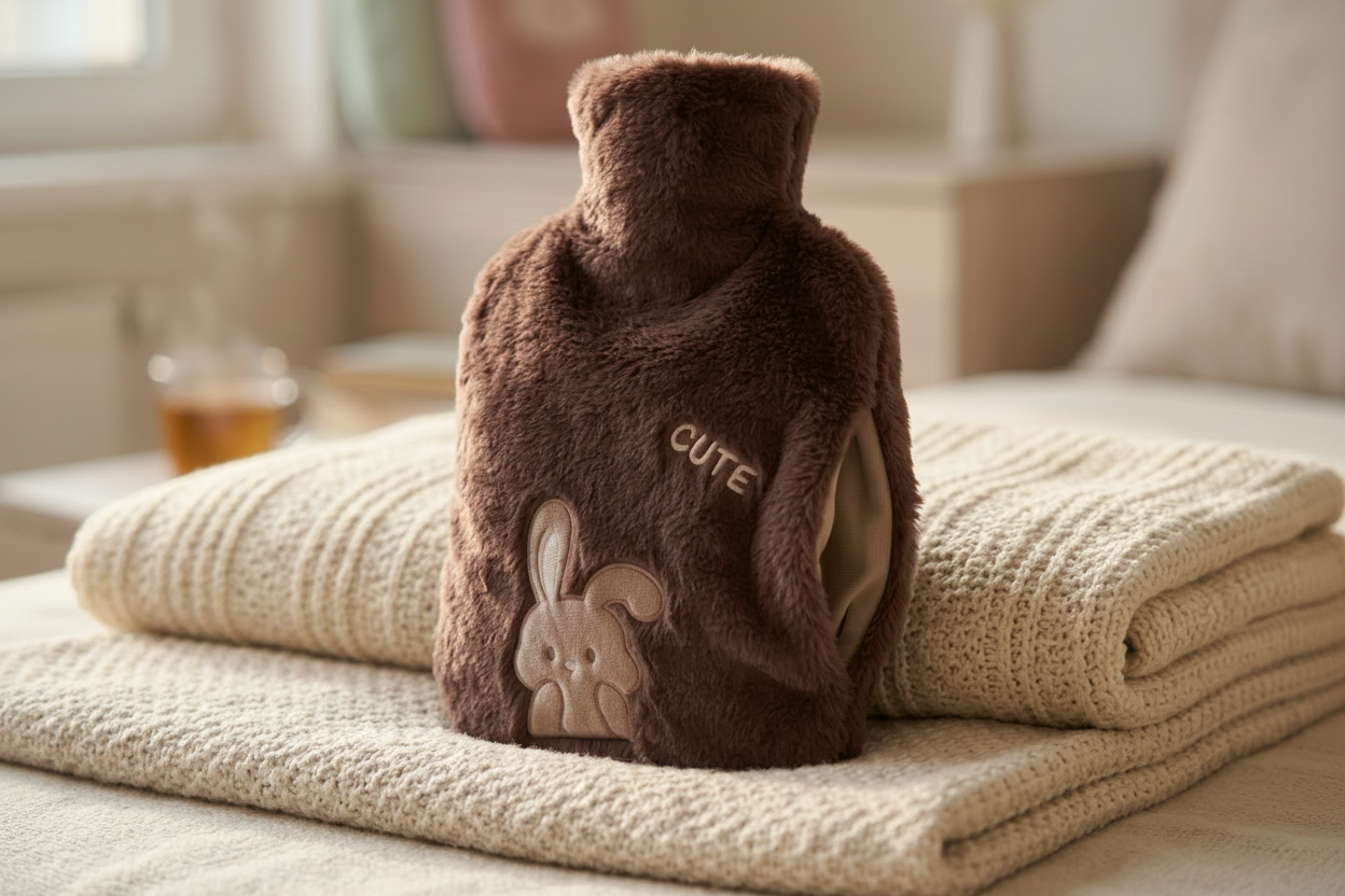 A brown plush hot water bottle with a cute bunny applique and the word 'CUTE' embroidered on the front, resting on a folded cream knit blanket in a softly lit indoor setting.