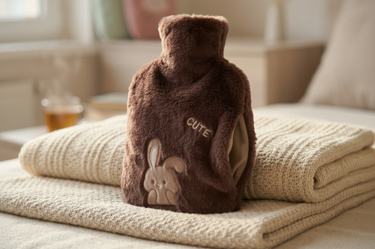 A brown plush hot water bottle with a cute bunny applique and the word 'CUTE' embroidered on the front, resting on a folded cream knit blanket in a softly lit indoor setting.