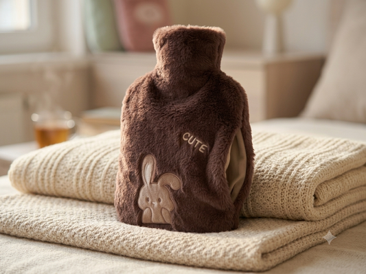 A brown plush hot water bottle with a cute bunny applique and the word 'CUTE' embroidered on the front, resting on a folded cream knit blanket in a softly lit indoor setting.