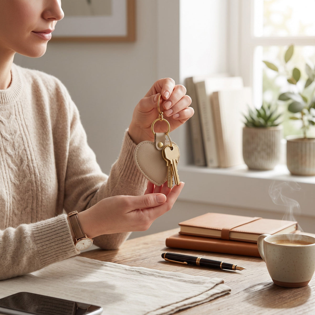 Campus Zone beige vegan leather heart-shaped keychain with gold hardware held by a woman at a desk.