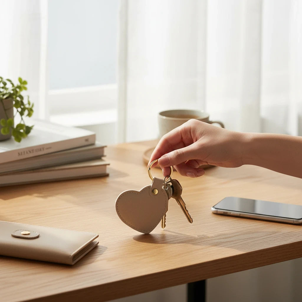 Campus Zone beige heart-shaped vegan leather keychain with gold hardware held by a hand over a wooden desk