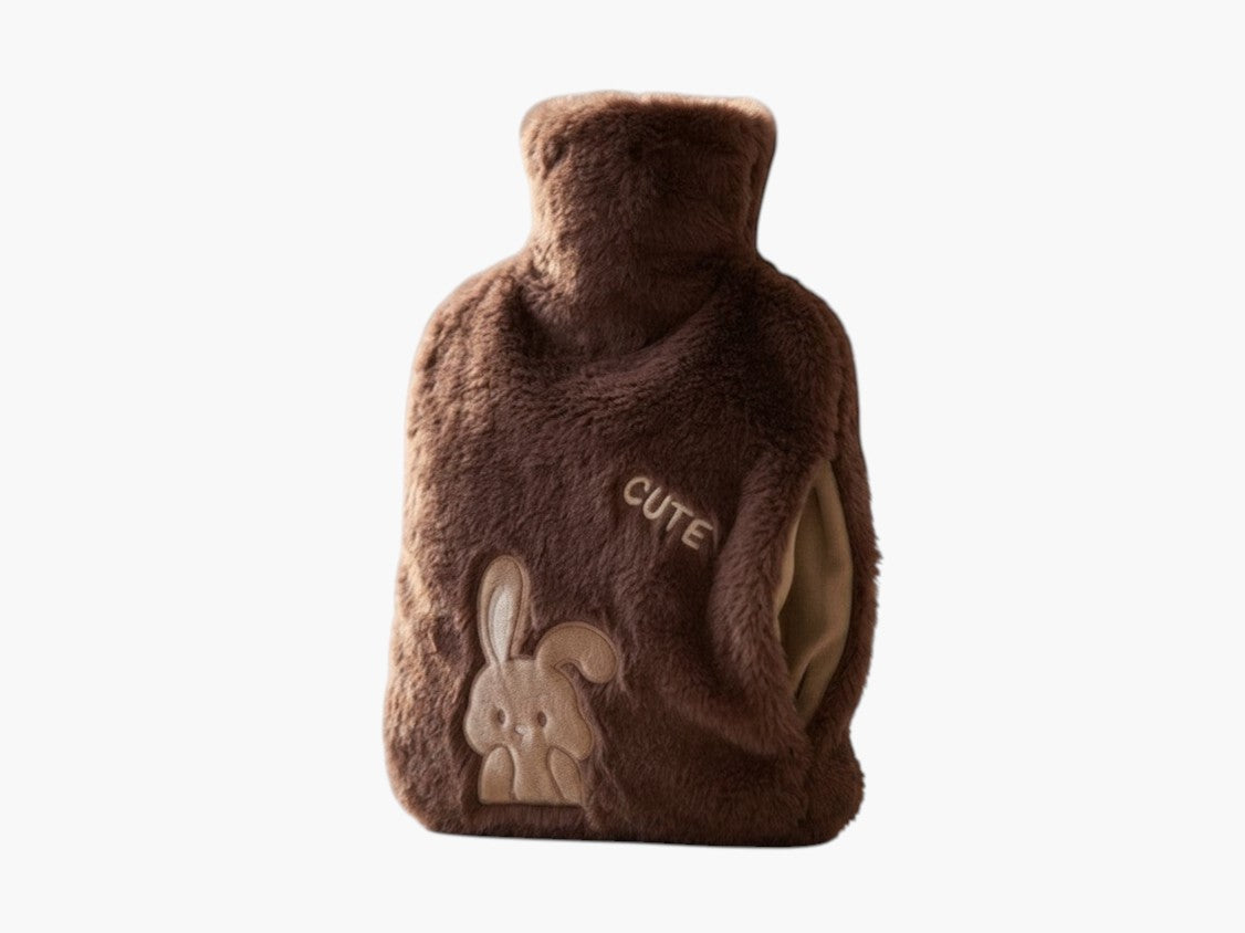 Campus Zone plush brown hot water bottle with a cute embroidered bunny character and soft faux fur cover