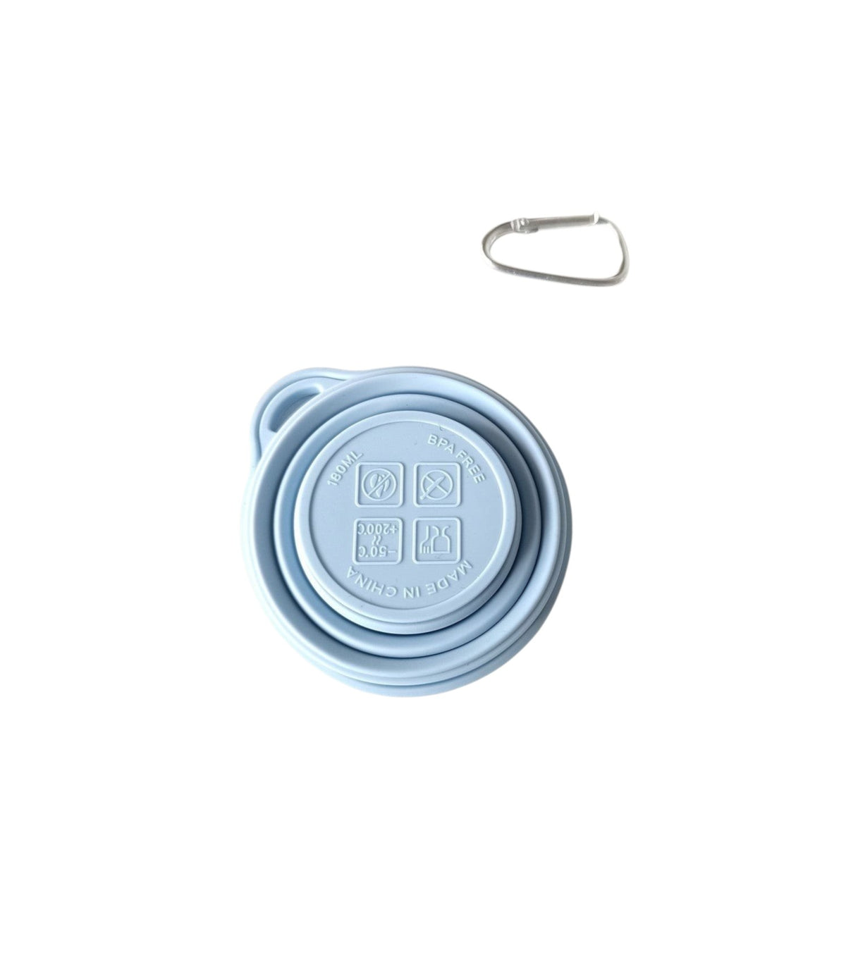 Campus Zone light blue collapsible silicone travel cup folded flat with a metal keychain clip on a white background