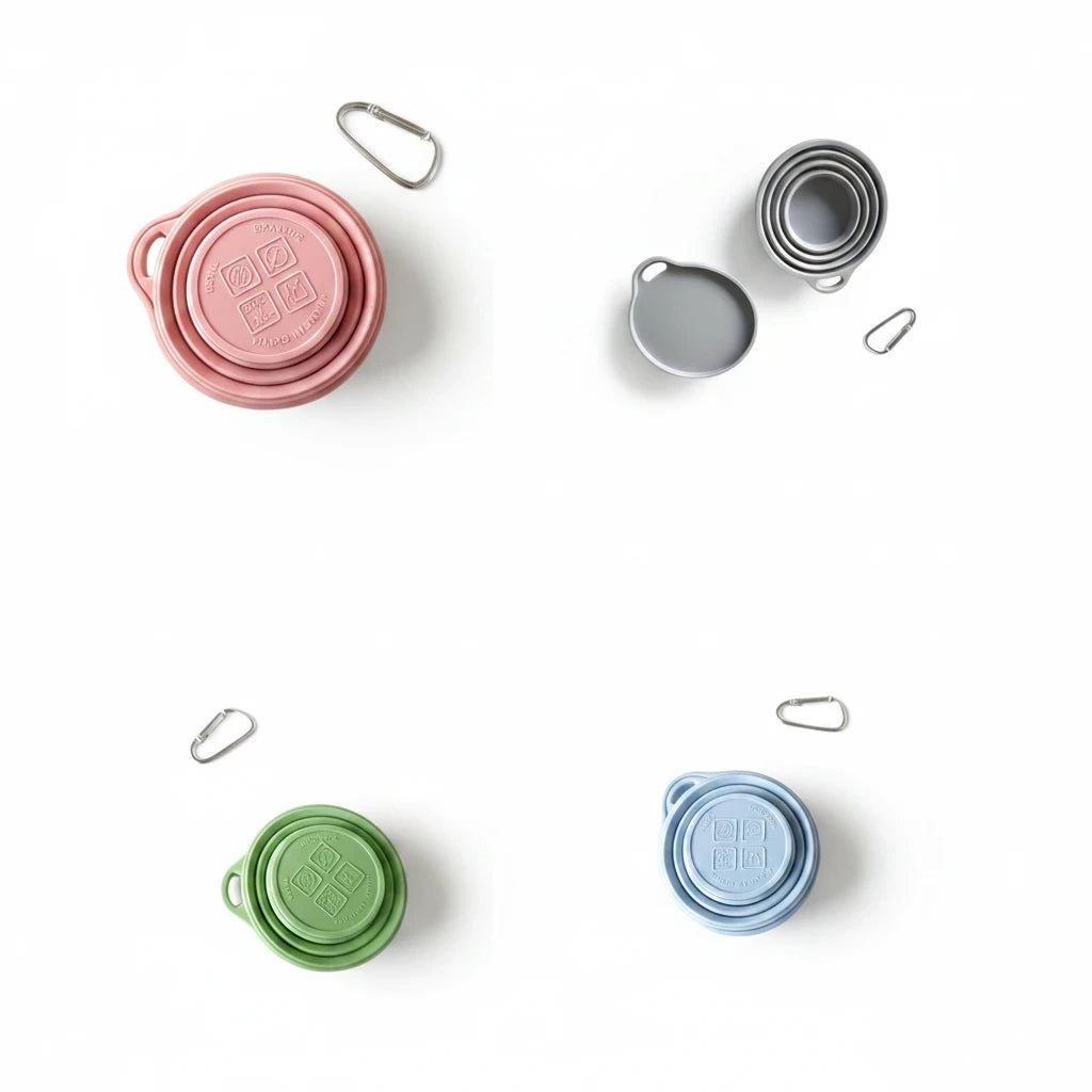 Campus Zone collapsible silicone travel cups in pink, grey, green, and blue with metal keychain clips on white