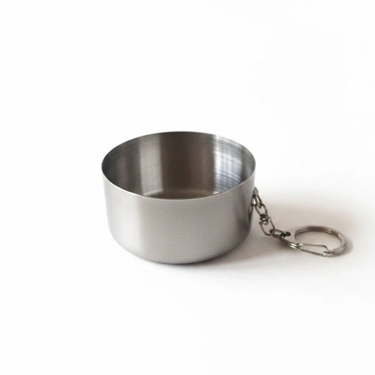 Campus Zone stainless steel collapsible travel cup with a keychain clip for portable outdoor hydration.