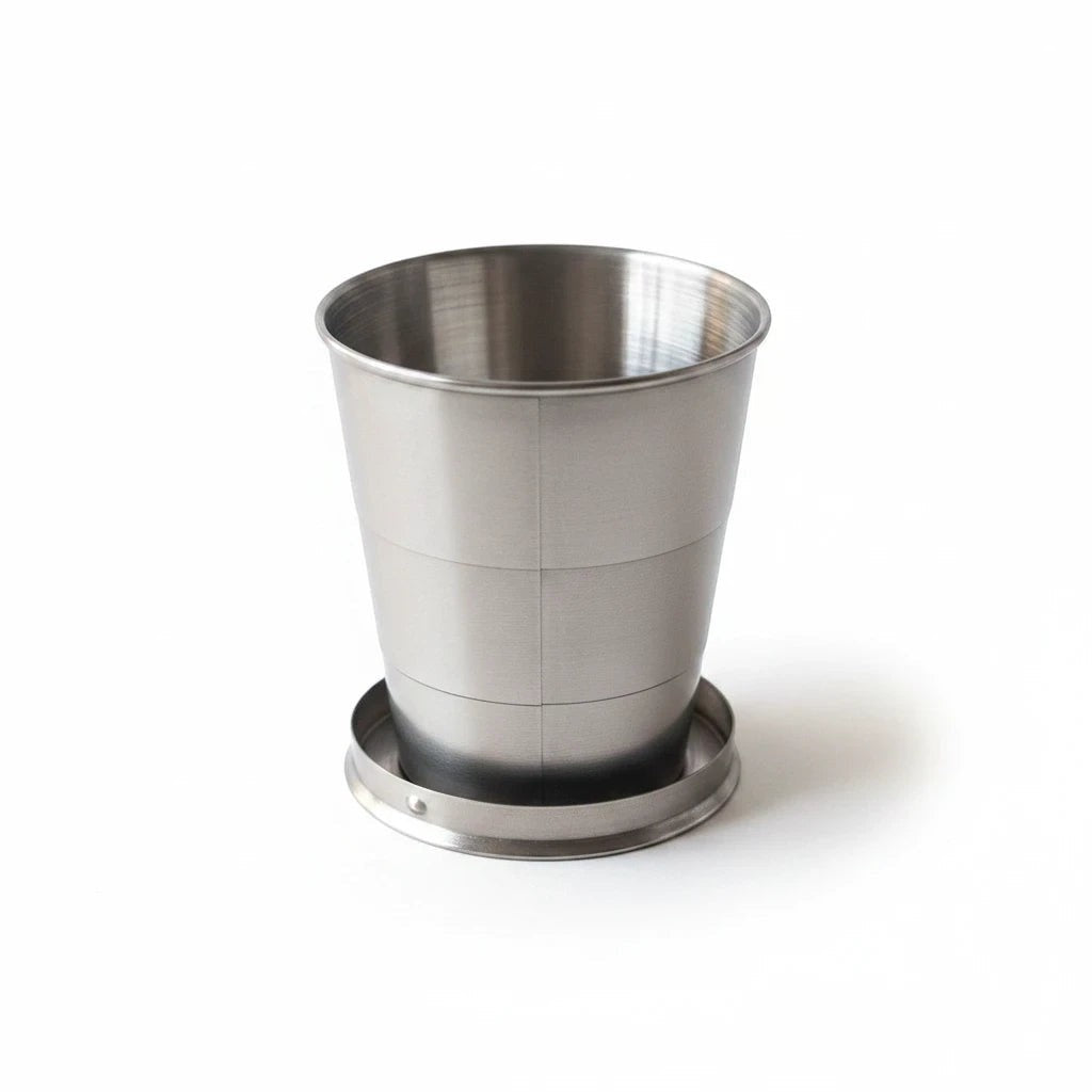 Campus Zone stainless steel collapsible travel cup with a sleek metallic finish for outdoor adventures.