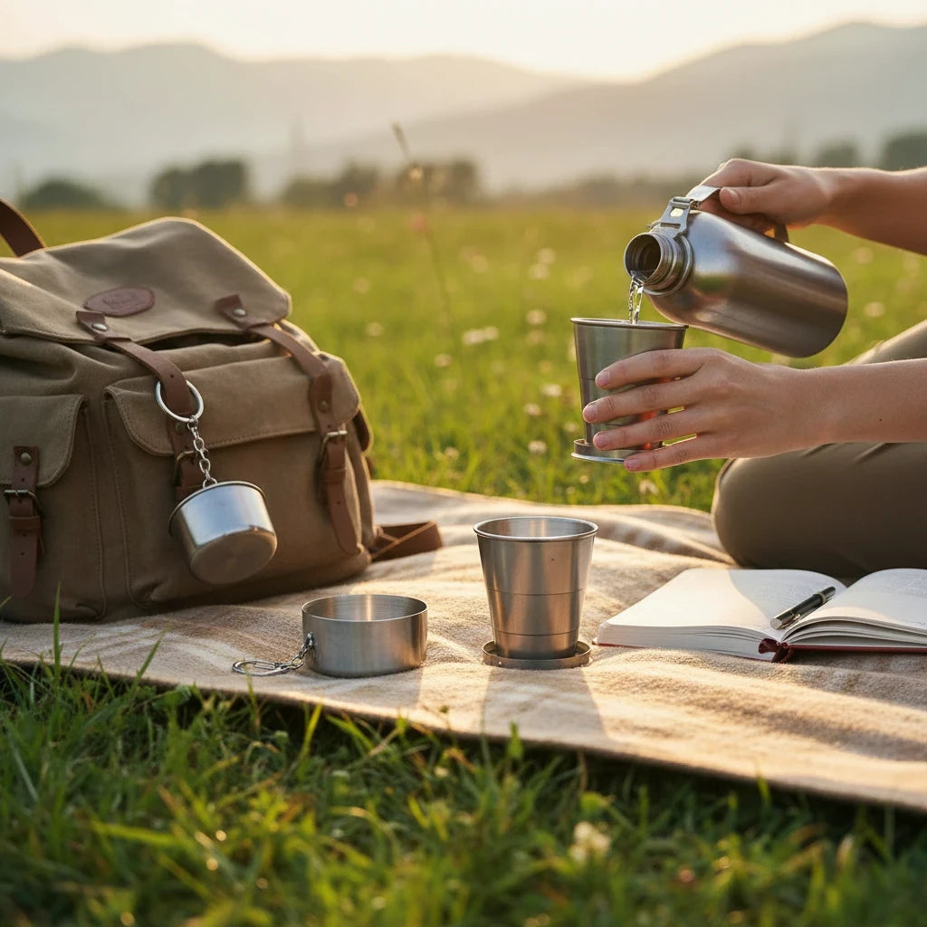 Campus Zone stainless steel collapsible travel cup being filled with water during a picnic in a grassy field
