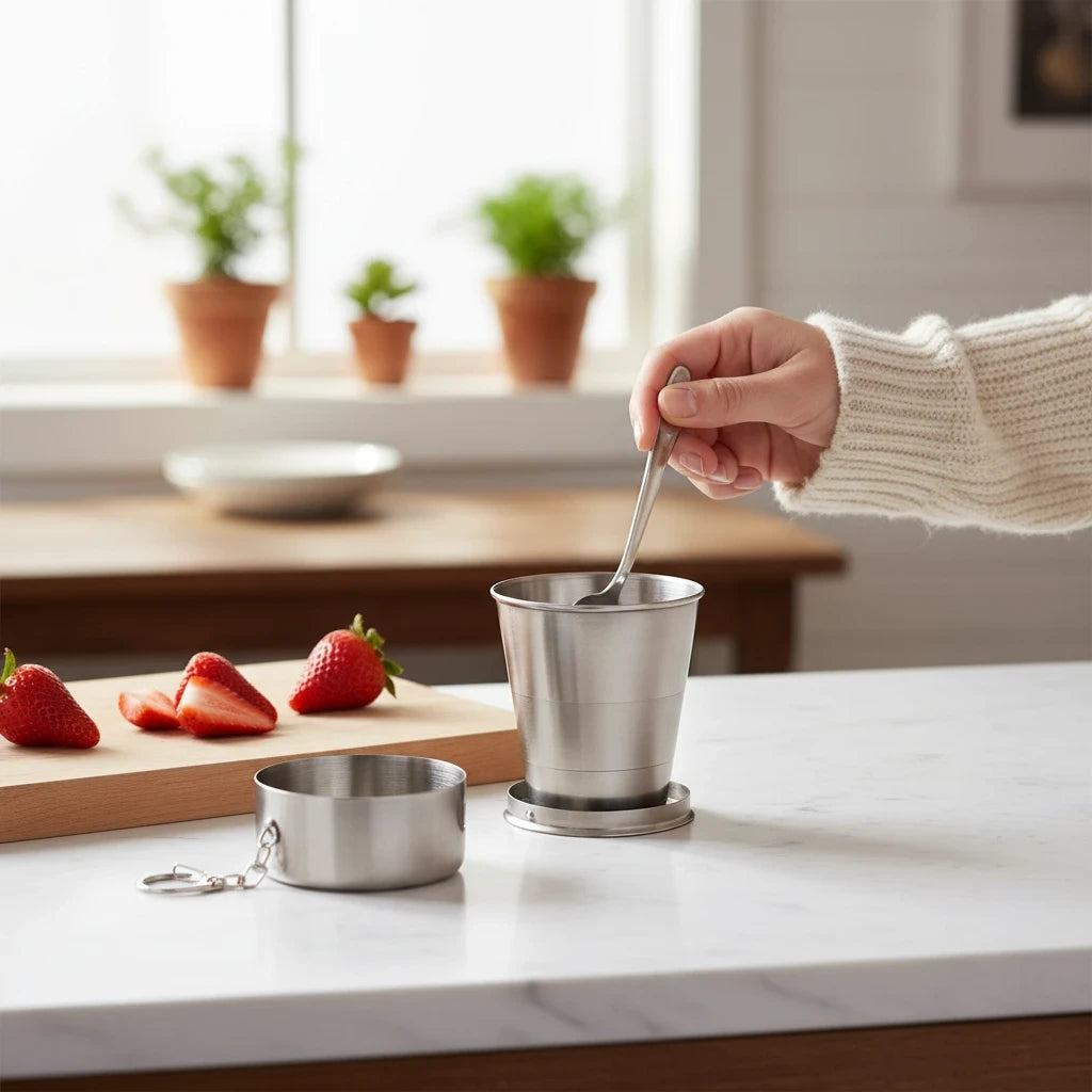 Campus Zone stainless steel collapsible travel cup with keychain, shown expanded and folded on a kitchen counter.