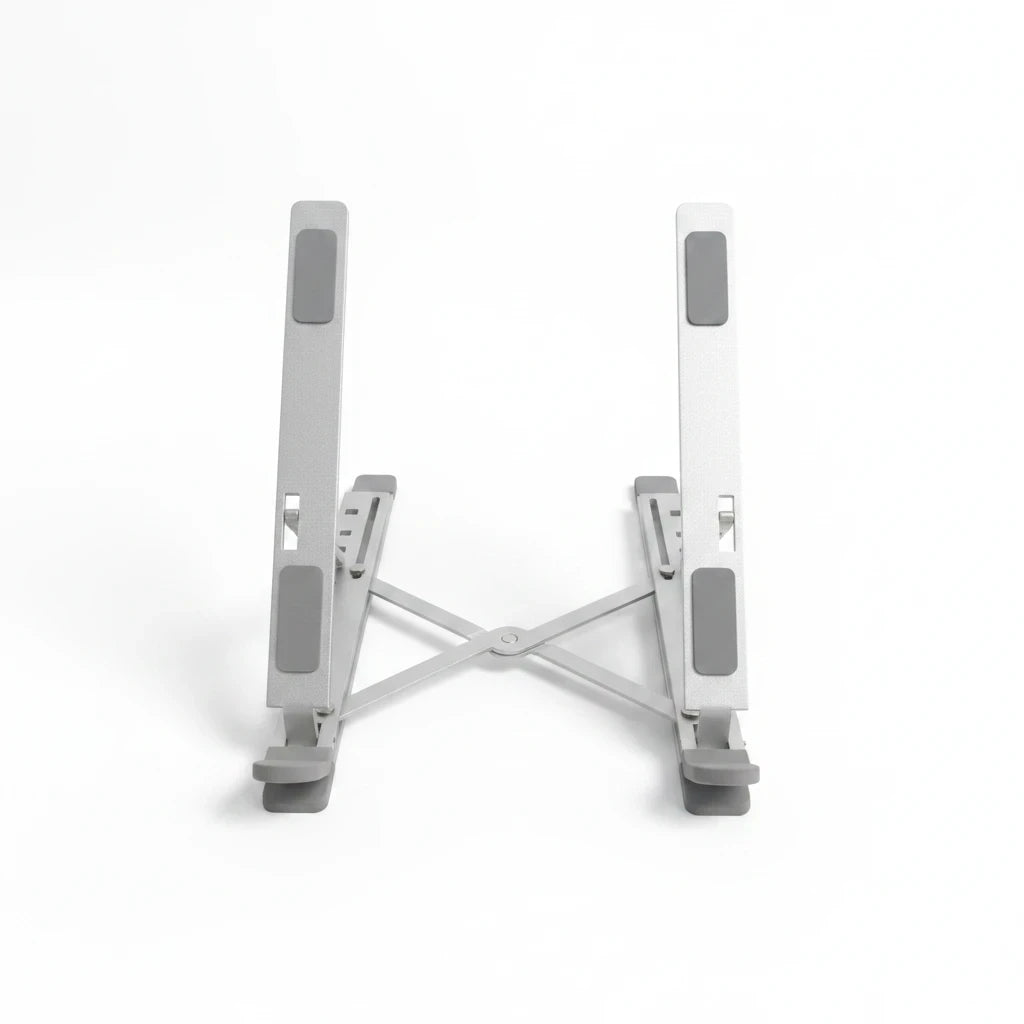 Campus Zone foldable silver aluminium laptop stand with adjustable X-brace and non-slip rubber grip pads