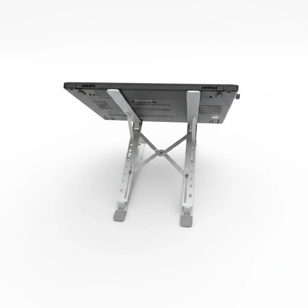 Campus Zone foldable aluminium laptop stand with X-brace mechanism and rubber grip pads holding a black laptop