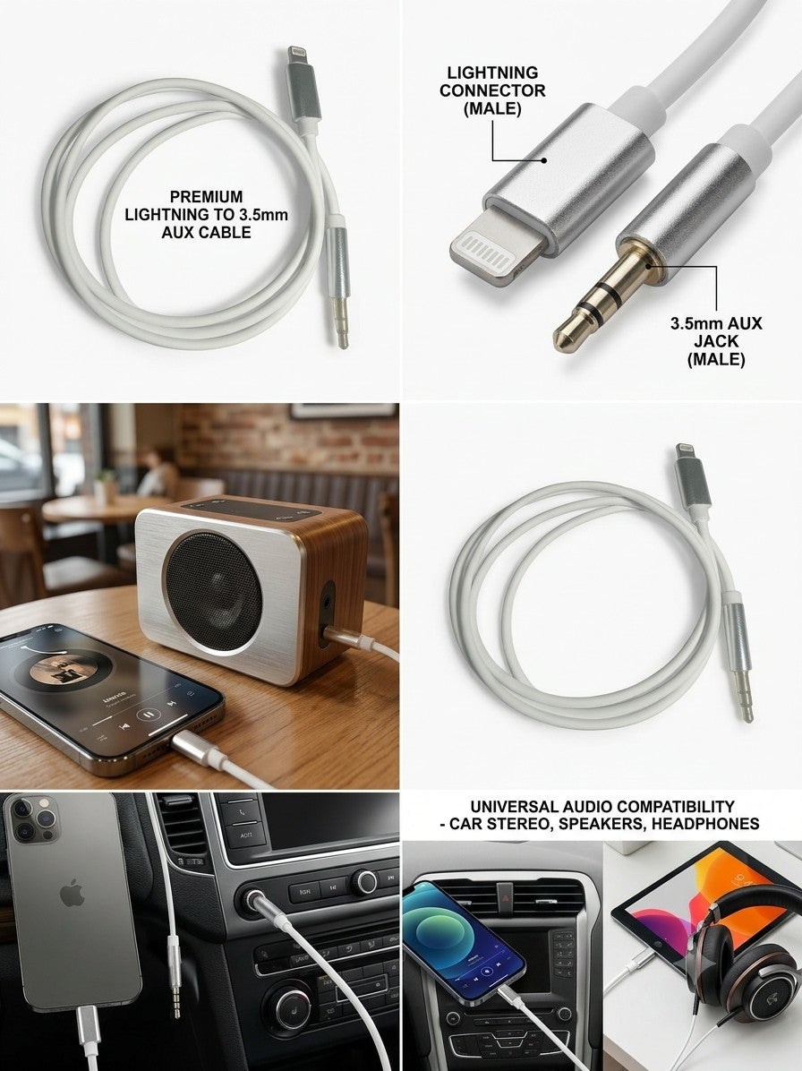 A 4-panel collage showing a white premium lightning-to-AUX cable in multiple usage contexts. The top-left panel shows the coiled white cable with a lightning connector and 3.