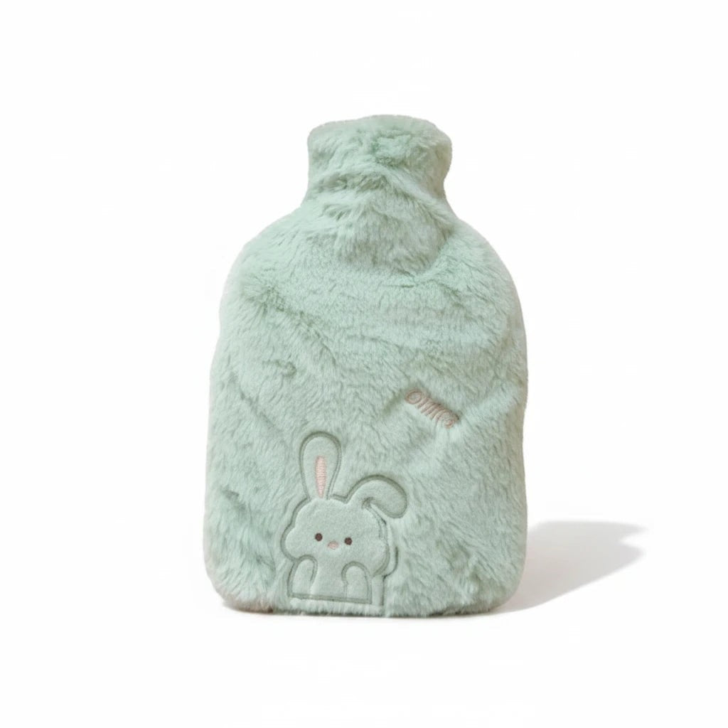 Campus Zone plush mint green hot water bottle with an embroidered bunny character and soft faux fur cover