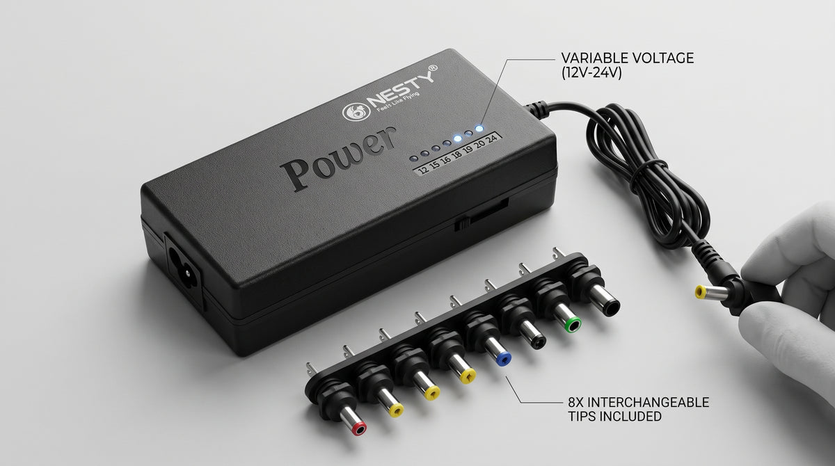 NESTY® Universal Laptop Charger — 100W, 8 Swappable Connectors (12V-24V)