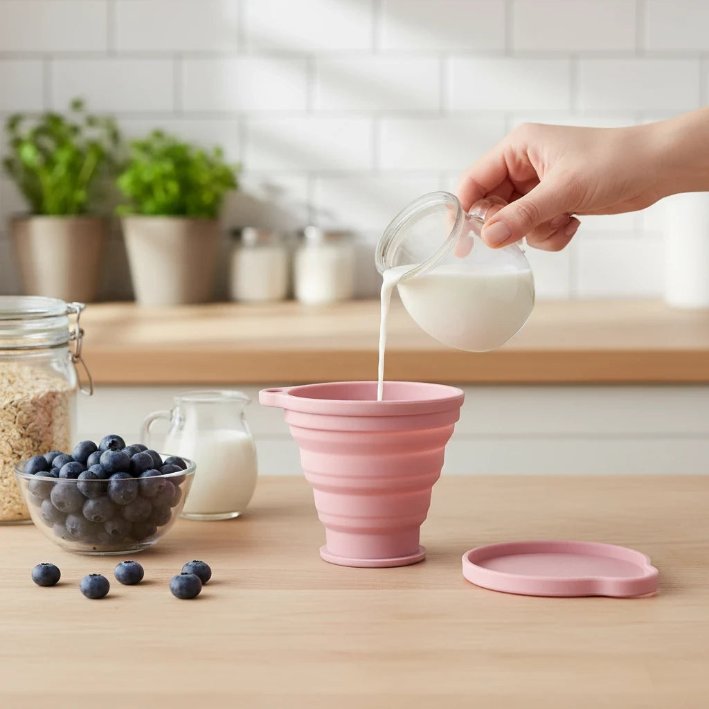 Campus Zone pink collapsible silicone travel cup being filled with milk on a kitchen counter with blueberries nearby