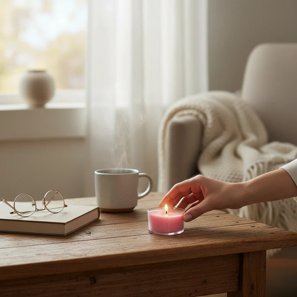 Campus Zone pink heart-shaped tea light candle in a clear holder on a wooden table with a steaming mug and book