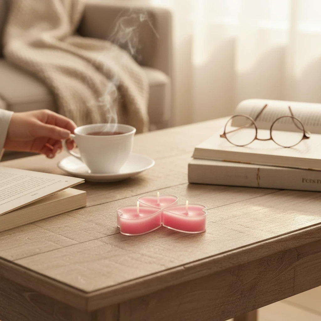 Campus Zone pink heart-shaped tea light candles on a wooden coffee table with a book and tea cup in a cozy room