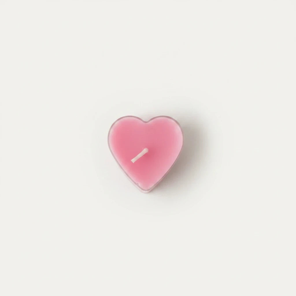 Campus Zone pink heart-shaped tea light candle in a clear plastic holder on a white background
