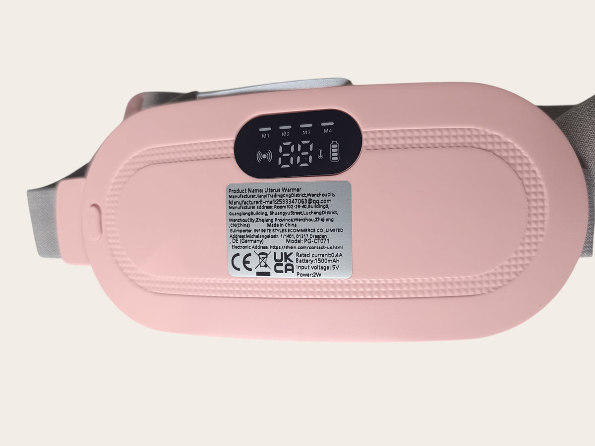 Campus Zone pink wearable menstrual heating pad with digital display and adjustable heat modes for cramp relief