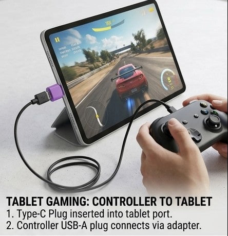 Campus Zone purple USB-C OTG adapter connecting a game controller to a tablet for gaming