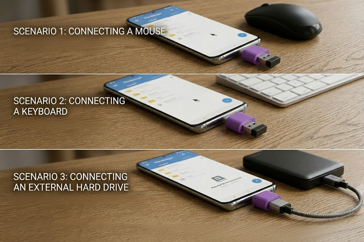 Campus Zone USB-C OTG adapter connecting a mouse, keyboard, and external hard drive to an Android smartphone