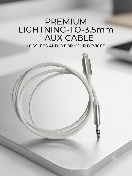 A coiled white lightning-to-3.5mm AUX cable with silver metal connectors, displayed on a brushed metal surface with promotional text above reading 'PREMIUM LIGHTNING-TO-AUX.